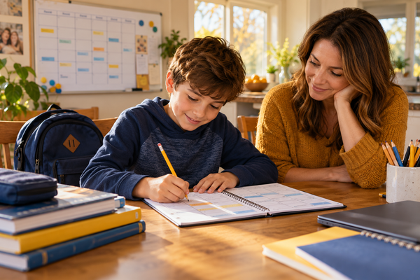 Parent and school-age child create a weekly schoolwork and activities plan together at home