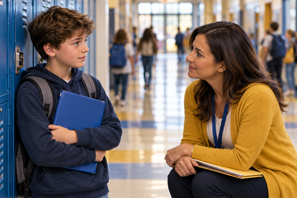 A school counselor listens supportively to a student beside blue school lockers.