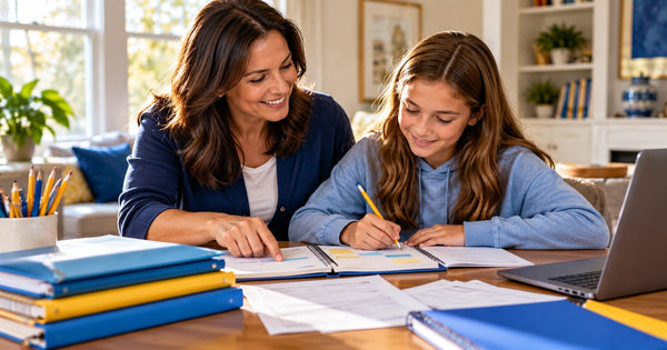 Parent and child organizing school assignments together after an absence