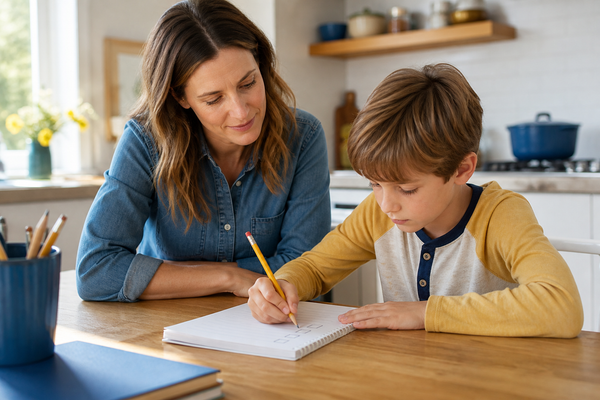 Child reviewing and correcting schoolwork with a supportive parent nearby