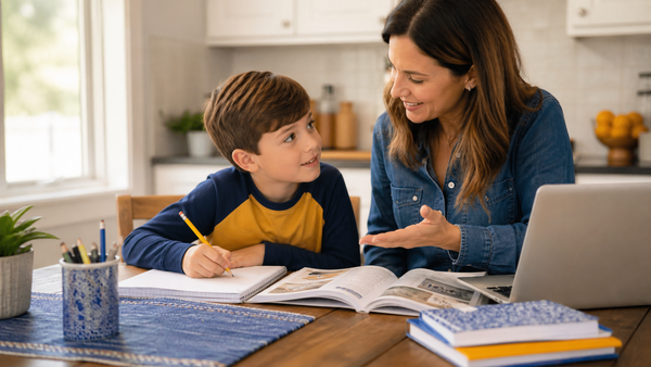 Parent encouraging a child who is writing vocabulary notes at a kitchen table with books and a laptop