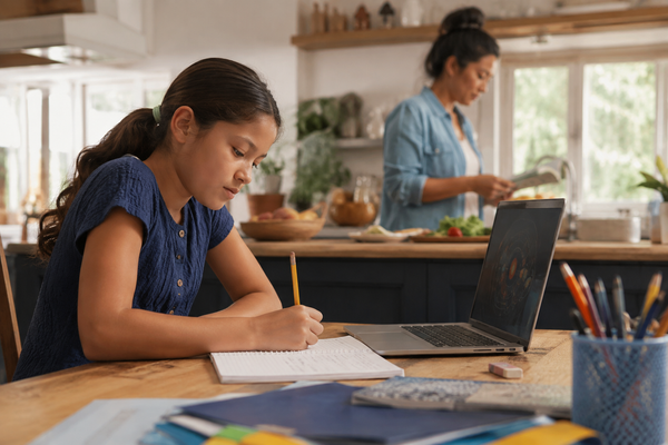 Parent supporting a school-age child as they begin homework independently at a kitchen table
