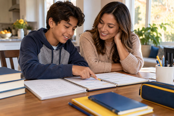 Parent and middle-school student planning high school entrance exam practice together at a kitchen table
