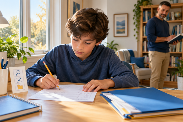 A middle-school student checks a completed worksheet at a bright home study desk while a parent reads nearby.