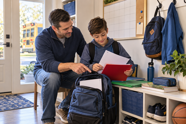 Father helping a school-age child organize homework papers and backpack in a home entryway