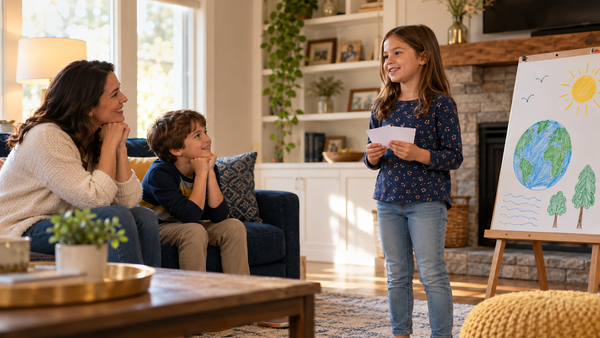 Child practices a class presentation with cue cards and a poster while a parent and sibling listen at home.