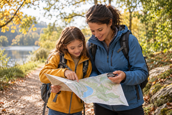 A parent and child study a paper map and compass together on a sunlit autumn park trail.