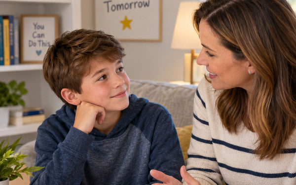 Parent encouraging a school-age child in a cozy reading-friendly home.