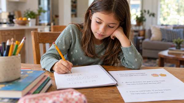 School-age child solving math word problems with a pencil, notebook, and worksheet at home