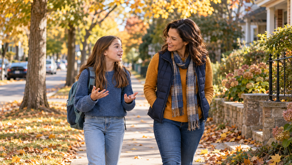 A parent listens as their school-age child talks during an afternoon walk home.