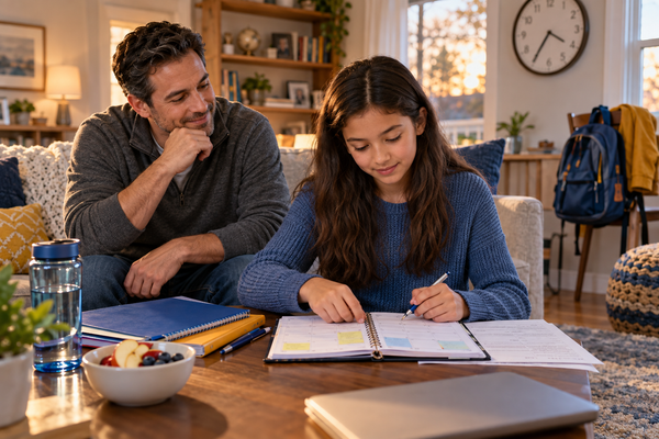 A student organizes homework in a planner at a living-room coffee table while her father sits nearby offering support.