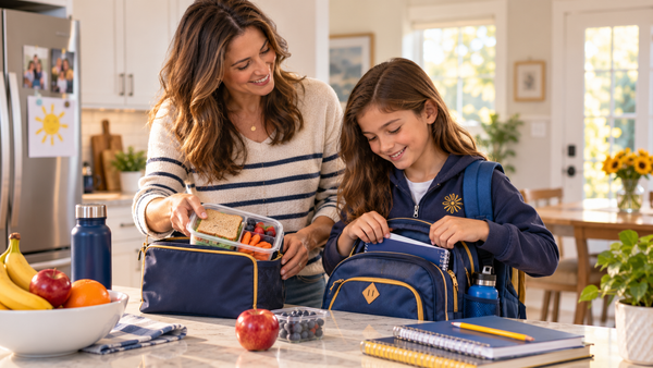 Parent and school-age child preparing calmly for school with backpack and lunch