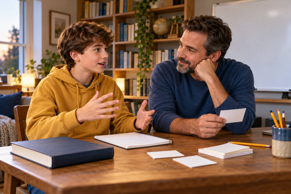 A father listens as his teenage child explains a study topic from memory beside a closed textbook and flashcards.